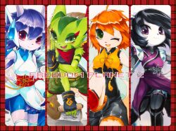 Rule 34 | 4girls, ahoge, animal ears, aoguma (jtpa4525), armor, black hair, blush, bodysuit, breasts, carol tea, cat ears, checkered background, dog ears, dragon girl, dragon horns, dress, eyelashes, fingerless gloves, freedom planet, galaxytrail, gloves, green eyes, headgear, highres, horns, japanese clothes, looking at viewer, medium breasts, midriff, milla basset, multiple girls, neera li, one eye closed, open mouth, orange hair, panda ears, pink eyes, purple eyes, purple hair, sash lilac, scarf, scroll, short hair, shorts, shoulder armor, slit pupils, smile, standing, thighhighs, unitard, wink, zettai ryouiki