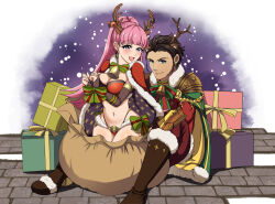 Rule 34 | 1boy, 1girl, alternate costume, antlers, breasts, brown hair, cape, christmas, claude von riegan, claude von riegan (timeskip), cleavage, dark-skinned male, dark skin, fake antlers, fire emblem, fire emblem: three houses, gift, hilda valentine goneril, horns, large breasts, long hair, male focus, matching hair/eyes, nintendo, pink eyes, pink hair, red cape, short hair, sideburns, tara (szzj7733), tharja (&quot;normal girl&quot;) (fire emblem), tharja (fire emblem), thighs