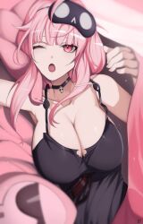 Rule 34 | 1girl, absurdres, bare shoulders, black choker, black dress, black nightgown, blunt bangs, breasts, choker, cleavage, collarbone, dress, highres, hololive, hololive english, large breasts, long hair, looking at viewer, lying, messy hair, mori calliope, mori calliope (sleepwear), nightgown, o22no, on side, one eye closed, open mouth, pink eyes, pink hair, solo, virtual youtuber