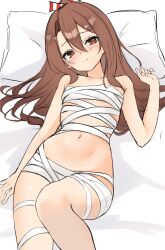 1girl bandaged_chest bandaged_leg bandaged_torso bandages bare_arms bed blush breasts brown_eyes brown_hair center-flap_bangs collarbone feet_out_of_frame from_above hair_between_eyes hair_ribbon highres kantai_collection loli long_hair looking_at_viewer lying navel nude on_back on_bed pillow ribbon sidelocks small_breasts smile solo stomach zarashi zuihou_(kancolle)