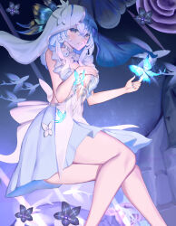 Rule 34 | 1girl, absurdres, balabulun, blue butterfly, blue hair, blue nails, blue veil, blush, breasts, bug, butterfly, butterfly on hand, chinese commentary, commentary request, dress, hand on own chest, hand up, highres, insect, large breasts, looking at viewer, nail polish, parted lips, purple eyes, shorekeeper (wuthering waves), sleeveless, sleeveless dress, solo, thighs, two-tone veil, veil, white veil, wuthering waves