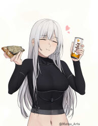 1girl ak-12_(girls&#039;_frontline) black_shirt blush bottle breasts closed_eyes closed_mouth commentary eating english_commentary food girls&#039;_frontline grey_hair heart highres holding holding_bottle holding_food long_hair long_sleeves matsu_arts medium_breasts navel shirt sidelocks smile solo twitter_username upper_body white_background