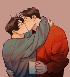 2boys arms_around_neck batman_(series) black_hair brothers chengzhineixihuanxiaogou closed_eyes cup dc_comics dick_grayson grey_sweater hand_on_another&#039;s_back highres holding holding_cup inseki jason_todd kiss male_focus multicolored_hair multiple_boys red_sweater short_hair siblings sweater two-tone_hair upper_body white_hair yaoi