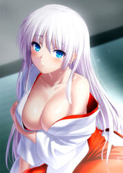 1girl alternate_breast_size arm_under_breasts blue_eyes blunt_ends blush breasts collarbone commentary_request covering_breasts covering_privates eyelashes eyes_visible_through_hair hair_between_eyes hakama indoors japanese_clothes kimono large_breasts lips long_hair long_sleeves looking_at_viewer miko naruse_shiroha no_bra off_shoulder parted_lips red_hakama shiny_skin shy sidelocks sitting solo straight_hair summer_pockets sweat very_long_hair white_hair white_kimono wide_sleeves zen_(kamuro)