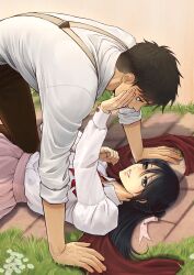 1boy 1girl alternate_universe black_hair blue_eyes bow bowtie brick_road brown_hair brown_pants collared_shirt couple eren_yeager flower grass green_eyes hagane_no hair_between_eyes hair_ribbon hand_on_another&#039;s_cheek hand_on_another&#039;s_face hetero highres long_hair long_sleeves lying mikasa_ackerman on_back pants parted_lips pink_ribbon pink_skirt pleated_skirt ponytail red_bow red_bowtie red_scarf ribbon scarf shingeki_no_kyojin shirt short_hair skirt smile suspenders upper_body white_flower white_shirt