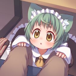 1boy 1girl :o animal_ear_fluff animal_ears apron ascot brown_dress cat_ears cat_girl collared_dress commentary_request commission dress feet frilled_dress frills furrowed_brow green_hair hands_on_another&#039;s_leg highres long_sleeves looking_at_viewer maid maid_headdress open_mouth original pov pov_legs short_hair sitting skeb_commission sleeves_past_wrists solo_focus ueno_musashi under_table white_apron yellow_ascot yellow_eyes