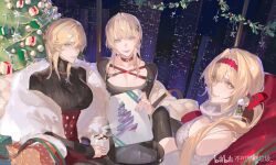 Rule 34 | 3girls, alternate costume, bare shoulders, bead necklace, beads, bianca: stigmata (pgr), bianca: veritas (pgr), bianca: zero (pgr), bianca (pgr), bilibili logo, bilibili username, blonde hair, bodystocking, bow, box, breasts, building, bukeranshao laji, chinese commentary, choker, christmas, christmas ornaments, christmas tree, christmas tree earrings, city, cleavage, commentary, couch, cross, cup, drink, earrings, feather boa, food, gift, gift box, green eyes, hair bow, hair intakes, hair over one eye, hairband, highres, holding, holding drink, holding gift, hot drink, indoors, jewelry, large breasts, long hair, long sleeves, looking at viewer, marshmallow, mistletoe, mixed-language commentary, mole, mole under eye, mug, multiple girls, multiple persona, nail polish, necklace, night, on couch, one eye covered, pom pom (clothes), pom pom earrings, ponytail, punishing: gray raven, purple eyes, purple lips, purple nails, red bow, red choker, red hairband, sitting, skyscraper, sleeves past wrists, snowflake necklace, snowflakes, sweater, updo, white sweater, yellow eyes