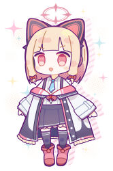 1girl :d animal_ear_headphones animal_ears aqua_necktie black_jacket black_skirt black_thighhighs blonde_hair blue_archive blunt_bangs blunt_ends blush boots bow buttons cat_ear_headphones cat_ears collared_shirt commentary_request dress_shirt drop_shadow fake_animal_ears frilled_jacket frilled_skirt frills full_body hair_bow halftone halftone_background halo headphones highres jacket kinudofu1122 long_sleeves looking_at_viewer low-tied_sidelocks medium_hair momoi_(blue_archive) multicolored_jacket necktie off_shoulder open_mouth pink_boots pink_eyes pink_halo pink_jacket red_bow school_uniform shirt shirt_tucked_in short_necktie sidelocks simple_background skirt smile solo sparkle suspender_skirt suspenders thighhighs unbuttoned unbuttoned_jacket v-shaped_eyebrows white_background white_jacket white_shirt wide_sleeves