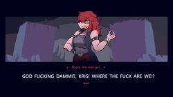 1girl angry armlet belt black_jacket bracelet buckle character_name clenched_teeth colored_sclera colored_skin colored_teeth commentary cowboy_shot deltarune dialogue_box english_text fake_screenshot fingernails goddamn_it_kris_(meme) grey_shirt hand_on_own_hip hand_up heart heart-shaped_buckle heart_belt_buckle helltaker jacket jewelry komugiko_(bitte_komu) long_hair meme no_pupils open_clothes open_jacket pants pink_hair profanity purple_skin red_pants sharp_fingernails sharp_teeth shirt sleeveless sleeveless_jacket sleeveless_shirt solo spiked_armlet spiked_bracelet spikes susie_(dark_world)_(deltarune) susie_(deltarune) sweatdrop teeth yellow_sclera yellow_teeth