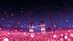 2girls absurdres brown_hair cloud dress field flower flower_field glowing_flower highres holding_hands long_hair multiple_girls night night_sky on_swing original outdoors scenery shuu_illust sitting sky swing swing_set white_dress