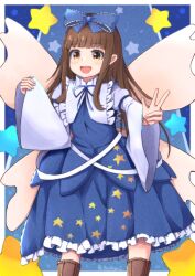 blue_background blue_bow blue_dress boots boss9331 bow brown_hair dress highres long_hair signature smile star_sapphire touhou wings yellow_eyes