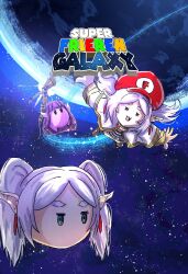 2girls :3 =_= colored_skin commentary copyright_name cosplay cover earrings elf fake_cover fern_(sousou_no_frieren) flying frieren highres holding holding_staff jewelry long_hair luma_(mario) luma_(mario)_(cosplay) mario_(series) multiple_girls nintendo ononotsu outstretched_arms parted_bangs pink_skin planet planetary_ring pointy_ears purple_hair sousou_no_frieren space staff star_(sky) super_mario_galaxy thick_eyebrows twintails video_game_cover