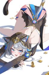 1girl animal_ear_fluff animal_ears backless_outfit black_gloves blue_eyes cat_ears cat_girl cat_tail cipher_(honkai:_star_rail) clothing_cutout coin dawon fang fingerless_gloves gloves gold_coin grey_hair highres honkai:_star_rail honkai_(series) hood hood_up looking_at_viewer nail_polish open_mouth solo tail tail_through_clothes top-down_bottom-up yellow_nails