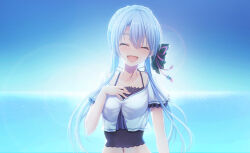 Rule 34 | 1girl, :d, ^ ^, animal print, arm at side, backlighting, black bow, blue hair, blue sky, blush, bow, breast suppress, breasts, butterfly print, closed eyes, collarbone, commentary request, day, facing viewer, fingernails, frilled sleeves, frills, hair between eyes, hair bow, hair ornament, hand up, happy, highres, horizon, long hair, medium breasts, midriff, navel, open mouth, outdoors, shirt, shootinghaze, short sleeves, sky, smile, solo, sorakado ao, straight hair, summer pockets, sunlight, tassel, tassel hair ornament, upper body, very long hair, white shirt