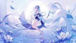 1girl ass bare_legs bare_shoulders breasts commentary_request detached_sleeves floating floating_hair flower genshin_impact gradient_hair guizhong_(genshin_impact) hair_ornament highres levitation lofter_username long_sidelocks looking_at_viewer mibai_yume multicolored_hair ripples shorts sidelocks solo water