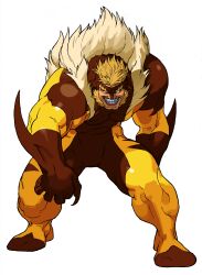 1boy absurdres beard bengus blonde_hair claws evil_grin evil_smile facial_hair facing_viewer game_cg grin highres hunched_over large_pectorals looking_at_viewer male_focus marvel marvel_vs._capcom muscular muscular_male no_pupils non-web_source official_art pectorals sabertooth_(x-men) scan short_hair sideburns simple_background smile solo teeth white_background x-men x-men_vs._street_fighter