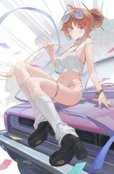 Rule 34 | 1girl, absurdres, bangle, black boots, blush, boots, bra, bracelet, breasts, car, confetti, crop top, eyewear on head, gradient hair, green hair, grin, hair bun, hair ornament, hair stick, hashtag-only commentary, high heel boots, high heels, highres, hololive, hololive english, jewelry, large breasts, long hair, looking at viewer, loose socks, motor vehicle, multi-strapped panties, multicolored hair, multiple bracelets, on car, orange hair, panties, pink bra, pink panties, platform boots, purple eyes, shirt, shoe soles, single hair bun, sitting, sleeveless, sleeveless shirt, smile, socks, solo, starshell, strap slip, streaked hair, sunglasses, takanashi kiara, thigh strap, two-tone hair, underwear, v, virtual youtuber, white shirt, white socks