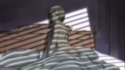 1girl anime_screenshot ass bed bed_sheet blonde_hair cover golgo_13 highres nude short_hair solo