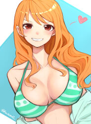 1girl bare_shoulders bikini blush breasts brown_eyes cleavage collarbone commentary_request green_bikini grin halterneck heart highres kasumi_6 large_breasts long_hair looking_at_viewer nami_(one_piece) one_piece orange_hair partial_commentary smile solo stomach straight-on swimsuit teeth twitter_username upper_body wavy_hair
