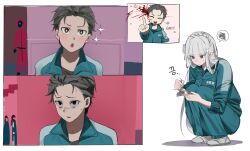 ^_^ absurdres before_and_after black_eyes blood blunt_bangs braid chibi closed_eyes dalgona emilia_(re:zero) empty_eyes frustrated green_track_suit headshot highres holding korean_text kulame long_hair meme natsuki_subaru parody pointy_ears re:zero_kara_hajimeru_isekai_seikatsu scared sparkle sparkling_eyes squatting squid_game sweat track_suit year_1_&amp;_year_2_(squid_game)_(meme)