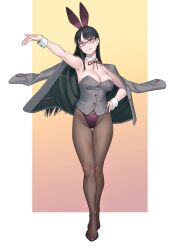 1girl animal_ears black_hair black_pantyhose breasts cleavage closed_mouth detached_collar fake_animal_ears glasses grey_jacket hand_on_own_hip highres jacket jacket_on_shoulders large_breasts leotard long_hair looking_at_viewer neck_ribbon original outstretched_arm pantyhose playboy_bunny purple_eyes purple_leotard rabbit_ears red-framed_eyewear red_ribbon ribbon shoes solo strapless strapless_leotard wrist_cuffs yuuji_(and)