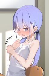 Rule 34 | 1girl, blush, breasts, camisole, chair, covered erect nipples, embarrassed, full-face blush, hair ornament, hayakawa sena (pei iriya), highres, indoors, on chair, open mouth, original, pei iriya, purple eyes, purple hair, sitting, small breasts, solo, twintails, white camisole