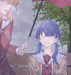 2girls blue_ribbon breasts brown_cardigan brown_dress cardigan clenched_teeth commentary dress facing_another grey_sky hair_ribbon hasu_no_sora_school_uniform hinoshita_kaho holding holding_umbrella hoshiji link!_like!_love_live! long_sleeves love_live! low_twintails medium_breasts mole mole_on_neck multiple_girls murano_sayaka neckerchief no_eyes on_bench open_cardigan open_clothes open_mouth orange_hair outdoors rain red_neckerchief ribbon sailor_collar sailor_dress school_uniform sitting sky standing teeth tree twintails umbrella virtual_youtuber wet wet_cardigan wet_clothes wet_dress white_sailor_collar winter_uniform