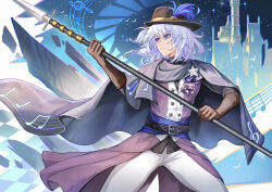 Rule 34 | &gt;:(, 1boy, absurdres, belt, black belt, black cape, black hat, blue sash, brown gloves, brynn (sorenjerr), building, cape, chinnpou, commentary, commission, commissioner upload, cowboy shot, english commentary, gloves, grey hair, hat, hat feather, highres, holding, holding polearm, holding weapon, male focus, musical note, musical note print, non-web source, one side up, original, pants, polearm, purple eyes, sash, short hair, solo, spear, standing, star (symbol), v-shaped eyebrows, weapon, white pants