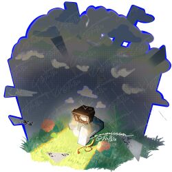 1other absurdres blue_outline broken_tv cable cloud cloudy_sky commission crt dark_cloud flxphlx full_body glass_shard grass hand_on_knees highres knees_up looking_at_object object_head outline painterly rain roblox sitting sky solo spotlight too_many_watermarks watermark