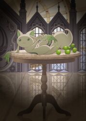 a-q_(madoka_magica) artist_request check_artist food fruit grapes green_eyes highres lying mahou_shoujo_madoka_magica mahou_shoujo_madoka_magica_magia_exedra mascot squeezing star_(symbol) table uwu window