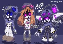 1girl 2boys claws crossover facial_hair glitch_productions goggles hat mechanization meggy_spletzer multiple_boys murder_drones mustache orange_hair robot smg3 smg4 smg4_(character) standing sunset_paradise tail wings