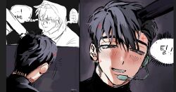 2boys alien_stage black_eyes black_hair black_shirt commentary_request ev_till fang gun_to_head headset hood hood_up ivan_(alien_stage) korean_commentary korean_text male_focus microphone multiple_boys red_pupils shirt short_hair smile till_(alien_stage) translation_request turtleneck turtleneck_shirt very_short_hair