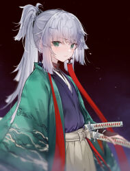 1girl absurdres aqua_hakama aqua_kimono black_kimono braid braided_hair_rings breasts earrings fate/grand_order fate/samurai_remnant fate_(series) green_eyes green_hakama green_haori green_kimono hair_rings hakama hakama_skirt haori highres japanese_clothes jewelry katana kimono kishimen_hair long_hair long_sleeves looking_at_viewer ponytail print_hakama sidelocks simple_background skirt small_breasts solo sword ura_illust weapon white_hair white_hakama wide_sleeves yui_shousetsu_(fate) yui_shousetsu_(second_ascension)_(fate)