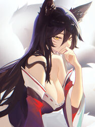 1girl ahri_(league_of_legends) alt_text animal_ears bare_shoulders black_choker black_hair breasts choker cleavage closed_mouth distr dress facial_mark fox_ears fox_girl fox_tail hair_between_eyes heart highres kitsune korean_clothes kyuubi large_breasts league_of_legends long_hair long_sleeves looking_at_viewer multiple_tails red_dress solo tail whisker_markings white_background yellow_eyes