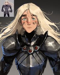 Rule 34 | 1girl, armor, blonde hair, facepaint, green eyes, grey background, hair flowing over, highres, long hair, loose hair strand, original, reference inset, sam yang, simple background, upper body