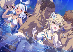 2girls 4boys bare_shoulders bikini blonde_hair blue_hair blue_one-piece_swimsuit blush body_markings braid breasts censored cleavage double_handjob erection feather_hair_ornament feathers flower genshin_impact grabbing_another&#039;s_breast groping group_sex hair_flower hair_ornament hairband handjob hetero large_breasts light_blue_hair long_hair low_twin_braids lumine_(genshin_impact) lumine_(hot_springs)_(genshin_impact) marugoshi_(54burger) medium_breasts medium_hair mixed-sex_bathing mualani_(genshin_impact) mualani_(hot_springs)_(genshin_impact) multiple_boys multiple_girls one-piece_swimsuit onsen open_mouth orgy penis ponytail red_eyes shared_bathing short_hair sidelocks smile swimsuit tan thighs twin_braids two-tone_swimsuit water white_bikini white_hair white_one-piece_swimsuit yellow_eyes