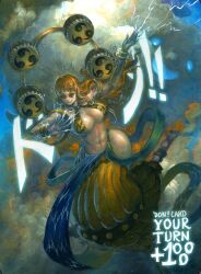 1girl alternate_costume alternate_universe anklet arm_up baggy_pants bare_hips barefoot bracelet breasts brown_eyes cleavage cloud colored_extremities cosplay dark_clouds devil_fruit_power electricity electrokinesis enel enel_(cosplay) english_text eyeshadow full_body glowing_finger gold_anklet gold_bracelet hagoromo hand_up highres hip_vent jewelry large_breasts lightning long_hair looking_at_viewer makeup mitsudomoe_(shape) multiple_bracelets nami_(one_piece) navel o-ring o-ring_top one_piece orange_eyeshadow orange_hair orange_pants overcast pants pelvic_curtain shawl sky smile solo sound_effects tomoe_(symbol) wafalo zeus_(one_piece)