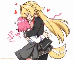 2girls amaori_renako animal_ears ashigaya_high_school_uniform blonde_hair blush bow braid cardigan cardigan_around_waist closed_eyes clothes_around_waist dog_ears dog_tail hair_ornament hairclip heart hug kemonomimi_mode long_hair multiple_girls noratanukimaru ouzuka_mai parallel_hairclips pink_hair profile purple_eyes school_uniform shirt short_hair simple_background smile spoken_heart tail twitter_username watashi_ga_koibito_ni_nareru_wake_naijan_murimuri! white_background white_shirt yuri