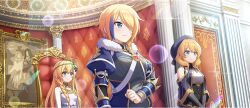 3girls ahoge beret black_corset blonde_hair blue_capelet blue_coat blue_eyes blue_hat blue_streaks braid capelet claire_(konosuba) clenched_hand closed_mouth coat corset dress elbow_gloves food-themed_hair_ornament game_cg gloves gold_necklace grape_hair_ornament green_hairband grey_gloves hair_ornament hair_over_one_eye hair_over_shoulder hairband hat highres indoors iris_(konosuba) jewelry kono_subarashii_sekai_ni_shukufuku_wo! konosuba!_fantastic_days light_blush long_hair long_sleeves looking_ahead medium_hair mole mole_under_eye multicolored_hair multiple_girls necklace off-shoulder_capelet official_art one_eye_covered rain_(konosuba) serious short_hair side_braid sidelocks smile streaked_hair sunlight white_dress
