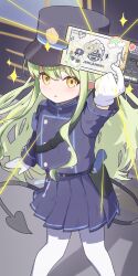 1girl aa_(ehhm3474) absurdres blue_archive blue_jacket blue_skirt demon_tail gloves green_hair highres hikari_(blue_archive) holding holding_ticket jacket long_hair pantyhose parted_lips pointy_ears skirt solo sparkle tail ticket white_gloves white_pantyhose yellow_eyes