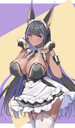 1girl absurdres animal_ears armor azur_lane between_breasts bikini_armor bikini_tan black_dress black_gloves black_hair black_necktie blush breasts cleopatra_(azur_lane) commentary commission dark-skinned_female dark_skin detached_collar detached_sleeves dress english_commentary garter_straps gloves gold_armlet gold_bar gold_collar heart heart-shaped_pupils heart_in_eye highres holding jackal_ears jackal_girl large_breasts looking_at_viewer maid multicolored_hair necktie necktie_between_breasts pixiv_commission purple_eyes purple_hair purple_streaks smile solo sundajin_asagi symbol-shaped_pupils symbol_in_eye tan tanline thighhighs two-tone_hair white_thighhighs