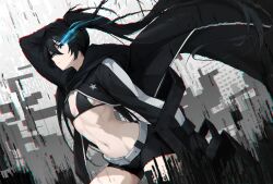 1girl :| absurdres belt bikini bikini_top_only black_bikini black_gloves black_hair black_jacket black_rock_shooter black_rock_shooter_(character) black_shorts blue_eyes bright_pupils chromatic_aberration closed_mouth commentary_request expressionless flaming_eye floating_clothes floating_hair gloves grey_belt highres holding holding_weapon jacket long_hair long_sleeves navel open_clothes open_jacket pale_skin shorts solo swimsuit tokyo_(1421) twintails very_long_hair weapon white_pupils