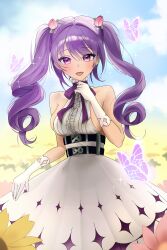 Rule 34 | 1girl, absurdres, breasts, commentary, dress, drill hair, flora (nikke), flower, gloves, goddess of victory: nikke, hair ornament, highres, large breasts, long hair, looking at viewer, outdoors, purple eyes, purple hair, ribbon, sideless shirt, sleeveless, solo, t boyyy2, twin drills, twintails, white dress, white gloves