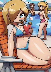 3girls ? absurdres arm_support barefoot bikini bikini_skirt blonde_hair blue_bikini blue_eyes blush breasts brown_hair chair cleavage cloud collarbone cup drink drinking drinking_glass earrings food fruit grin hair_over_one_eye highres holding holding_drink jewelry large_breasts lemon lemon_slice long_hair looking_at_viewer mario_(series) multiple_girls navel nintendo open_clothes open_shirt orange_bikini pink_bikini pool princess_daisy princess_peach rosalina shirt sideboob sitting sky smile sparkle speech_bubble spoken_drink spoken_food spoken_question_mark standing super_mario_bros._1 super_mario_galaxy super_mario_land swimsuit teeth thick_thighs thighs tony_welt tropical_drink underboob water white_shirt wide_hips