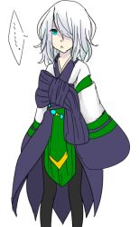 Rule 34 | ..., 1girl, :&lt;, alternate color, black pantyhose, blue eyes, bow, closed mouth, commentary request, feet out of frame, green skirt, hair over one eye, looking at viewer, medium hair, meiko (nattu303), pantyhose, purple bow, ragnarok online, shirt, simple background, skirt, solo, soul linker (ragnarok online), spoken ellipsis, standing, white background, white hair, white shirt