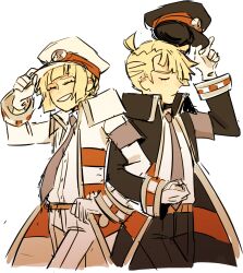 Rule 34 | 1boy, 1girl, brother and sister, closed eyes, cosplay, emmet (pokemon), emmet (pokemon) (cosplay), gladion (pokemon), gloves, hat, highres, holding, holding unworn clothes, holding unworn hat, ingo (pokemon), ingo (pokemon) (cosplay), lillie (pokemon), locked arms, necktie, nintendo, pokemon, pokemon bw, pokemon sm, siblings, tvheadfalls, unworn hat, unworn headwear, white gloves