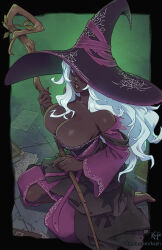 1girl artist_name breasts colored_eyelashes commentary dark-skinned_female dark_skin elden_ring elden_ring_nightreign english_commentary hat highres holding holding_staff kajin_(kajinman) large_hat long_hair recluse_(elden_ring) solo staff watermark web_address white_hair witch witch_hat wooden_staff