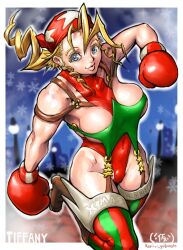 Rule 34 | 1girl, blonde hair, blue eyes, boxing gloves, breasts, character name, christmas, from above, headband, highleg, highleg leotard, justice gakuen, kari syoboon 22, large breasts, leotard, lips, long hair, night, night sky, sky, thighhighs, tiffany lords