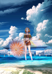 1girl absurdres bikini bikini_skirt binoculars blonde_hair cloud cumulonimbus_cloud green_eyes highres holding holding_binoculars ocean original scenery shuu_illust sky solo summer swimsuit umbrella wading whistle