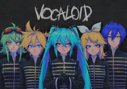 2boys 4girls absurdres ahoge band_uniform blonde_hair blue_eyes blue_hair bow copyright_name face_piercing flipped_hair gloves goggles goggles_on_head green_eyes green_hair gumi hair_bow hair_ornament hairclip half-closed_eyes hatsune_miku high_collar highres jacket kagamine_len kagamine_rin kaito_(vocaloid) lip_piercing lip_ring long_hair multiple_boys multiple_girls my_chemical_romance own_hands_together parted_bangs parted_lips piercing ponytail sainttufa short_hair short_hair_with_long_locks smile the_black_parade vocaloid